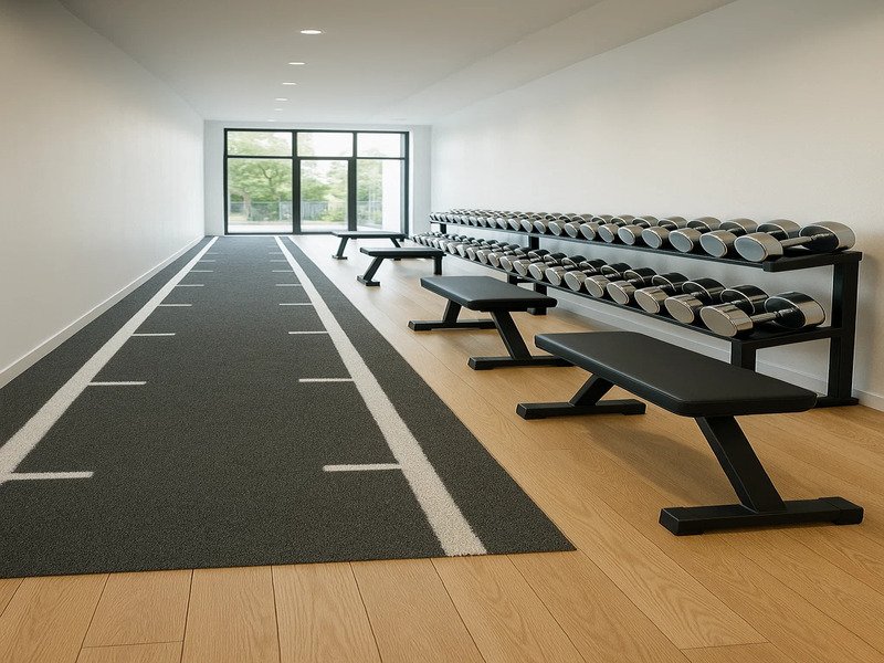 alt="Professionele installateurs naaien twee rollen gepolsterd kunstgras, voor een veilig oppervlak."